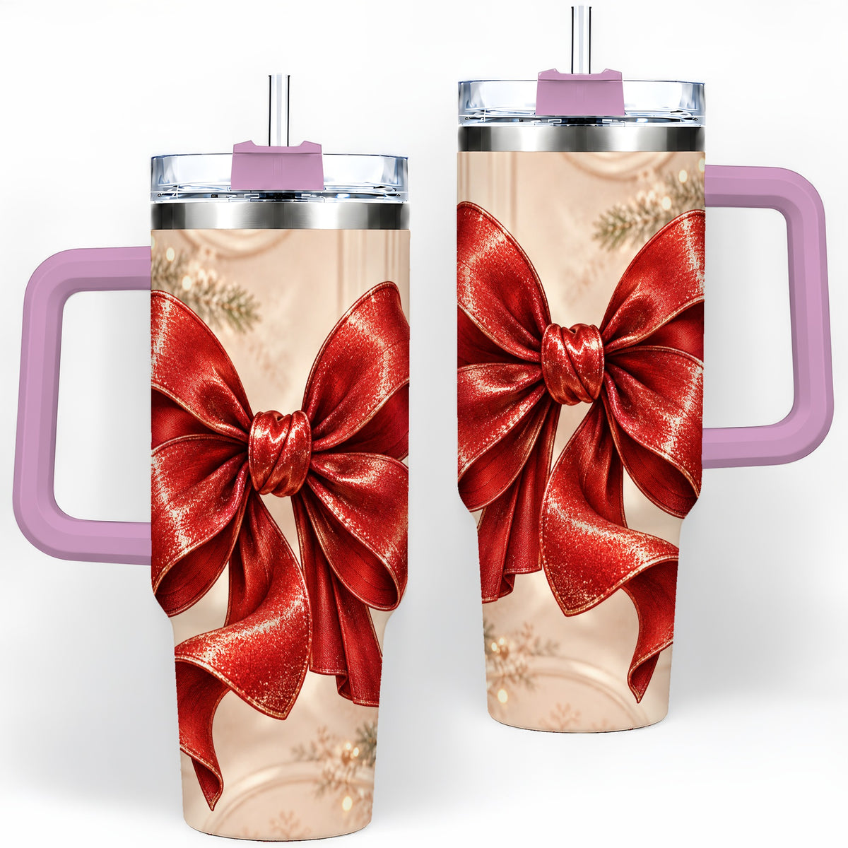 #pl[40oz|Pink] Red Christmas Bow 40oz Tumbler, Elegant Festive Ribbon Design