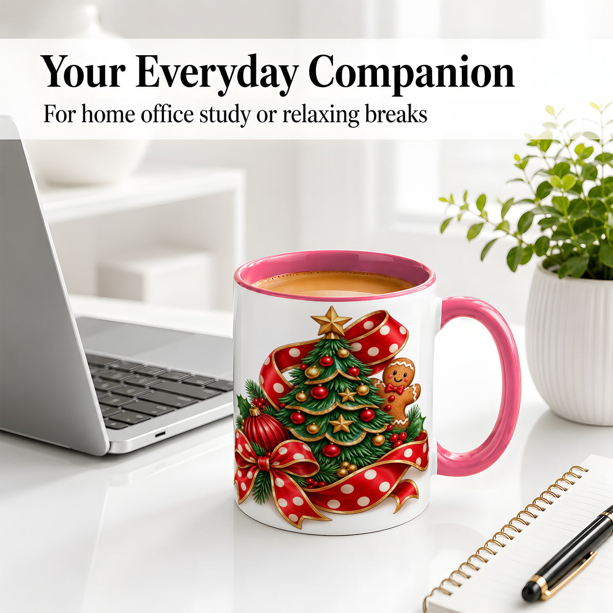 #pl[11oz|Pink] Gingerbread Christmas Tree Accent Mug, Ceramic Cup with Holiday Art