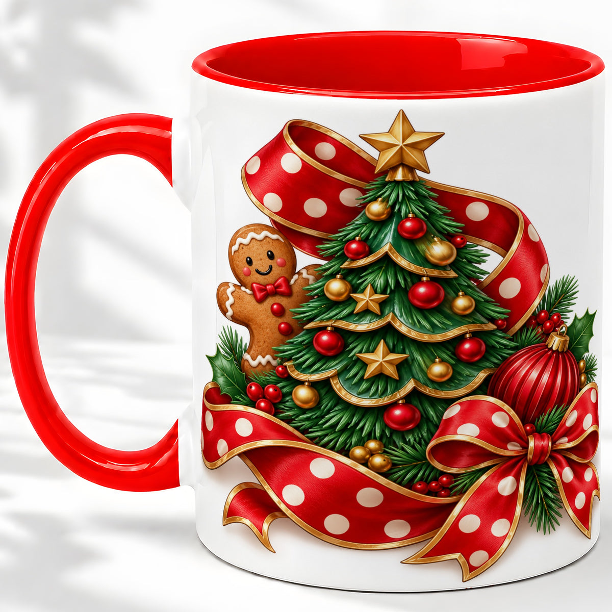 Gingerbread Christmas Tree Accent Mug, Ceramic Cup with Holiday Art