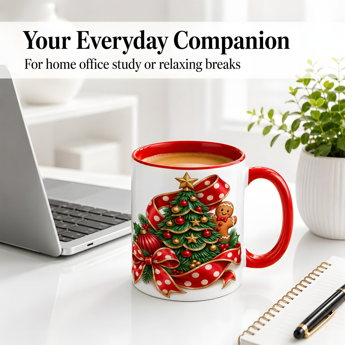 #pl[11oz|Red] Gingerbread Christmas Tree Accent Mug, Ceramic Cup with Holiday Art