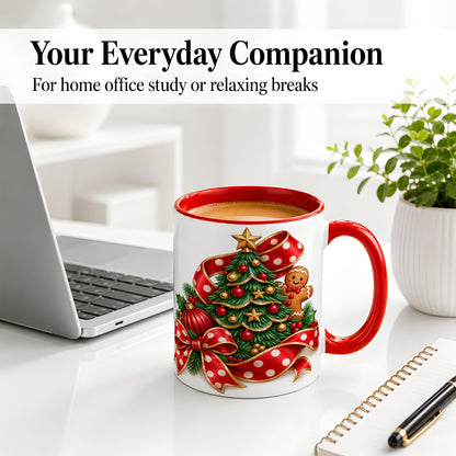 #pl[11oz|Red] Gingerbread Christmas Tree Accent Mug, Ceramic Cup with Holiday Art