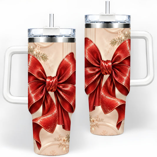 Red Christmas Bow 40oz Tumbler, Elegant Festive Ribbon Design