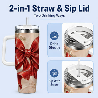 #pl[40oz|White] Red Christmas Bow 40oz Tumbler, Elegant Festive Ribbon Design