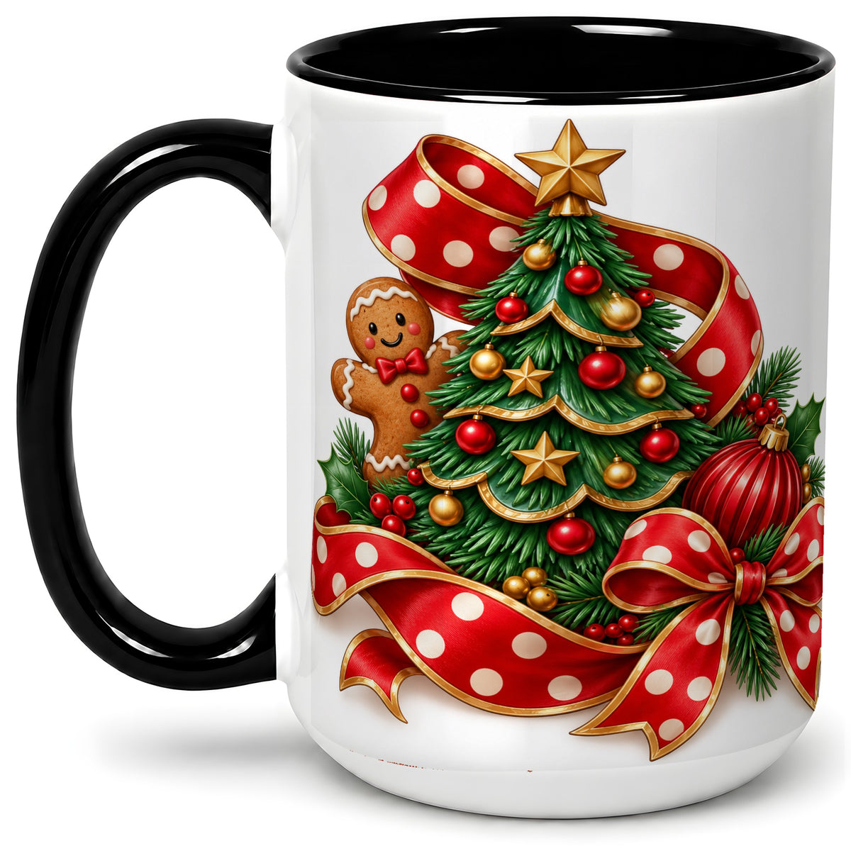 #pl[15oz|Black] Gingerbread Christmas Tree Accent Mug, Ceramic Cup with Holiday Art