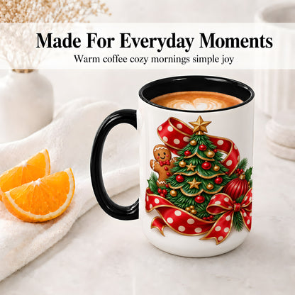 #pl[15oz|Black] Gingerbread Christmas Tree Accent Mug, Ceramic Cup with Holiday Art