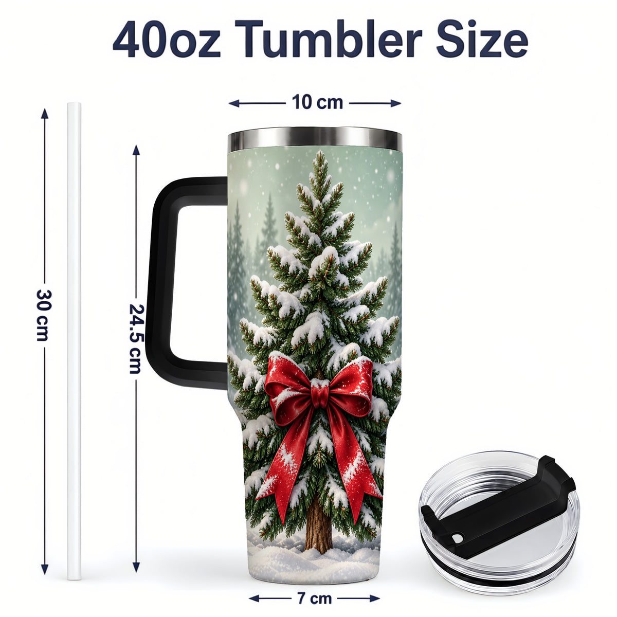 #pl[40oz|Black] Snowy Christmas Tree 40oz Tumbler, Red Bow Evergreen Forest Art