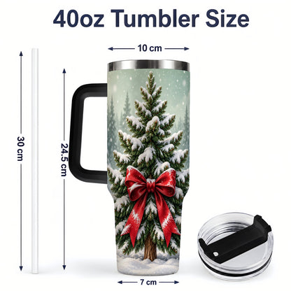 #pl[40oz|Black] Snowy Christmas Tree 40oz Tumbler, Red Bow Evergreen Forest Art