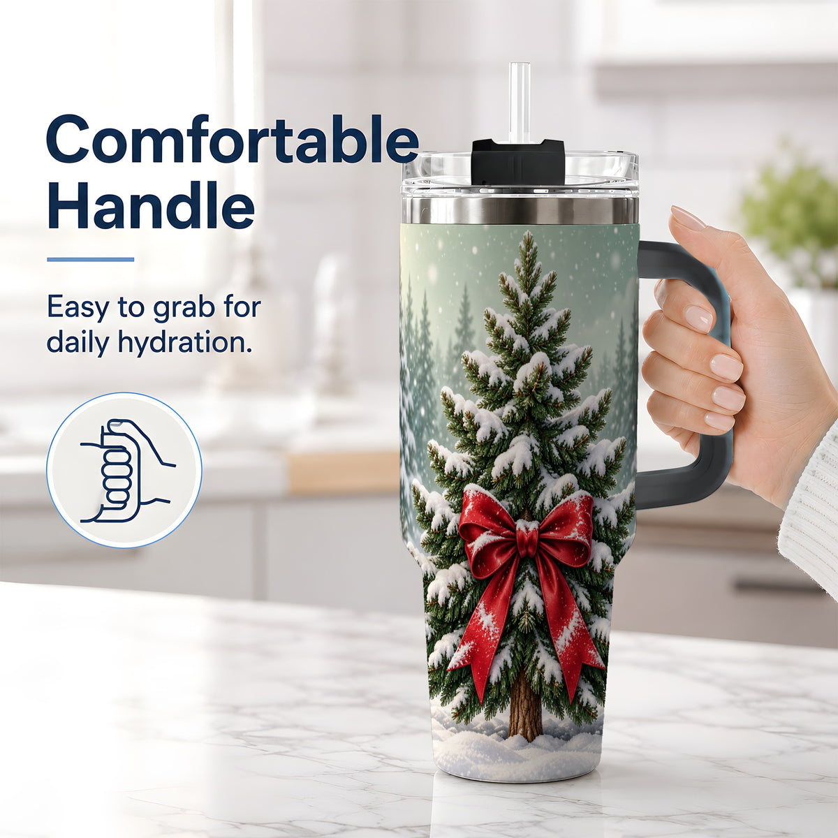 #pl[40oz|Black] Snowy Christmas Tree 40oz Tumbler, Red Bow Evergreen Forest Art