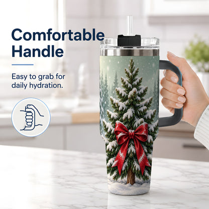 #pl[40oz|Black] Snowy Christmas Tree 40oz Tumbler, Red Bow Evergreen Forest Art