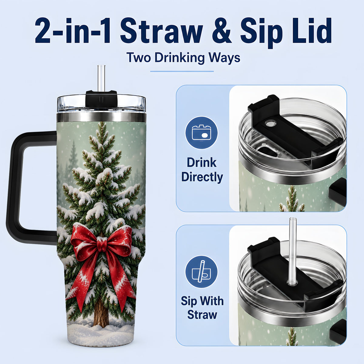 #pl[40oz|Black] Snowy Christmas Tree 40oz Tumbler, Red Bow Evergreen Forest Art