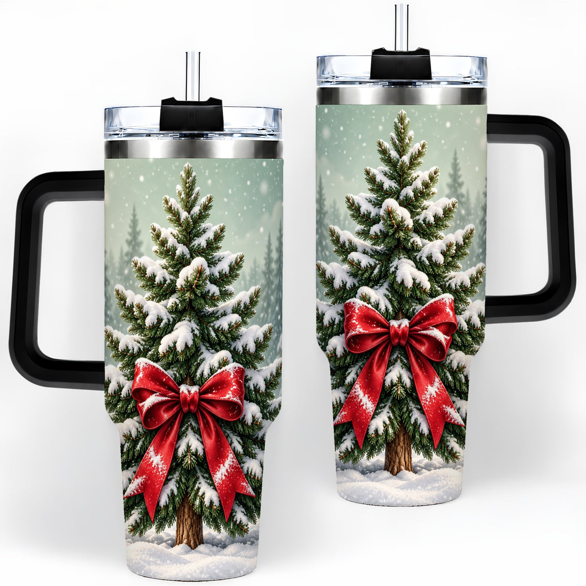#pl[40oz|Black] Snowy Christmas Tree 40oz Tumbler, Red Bow Evergreen Forest Art