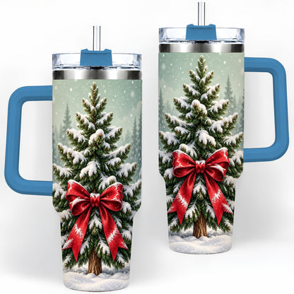 #pl[40oz|Blue] Snowy Christmas Tree 40oz Tumbler, Red Bow Evergreen Forest Art