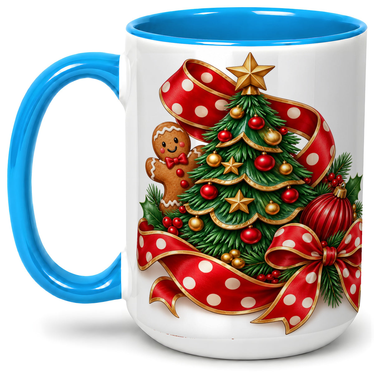 #pl[15oz|Blue] Gingerbread Christmas Tree Accent Mug, Ceramic Cup with Holiday Art