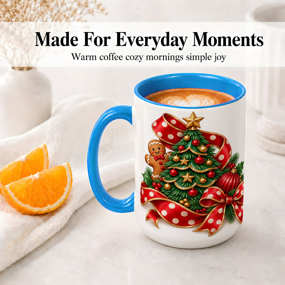 #pl[15oz|Blue] Gingerbread Christmas Tree Accent Mug, Ceramic Cup with Holiday Art