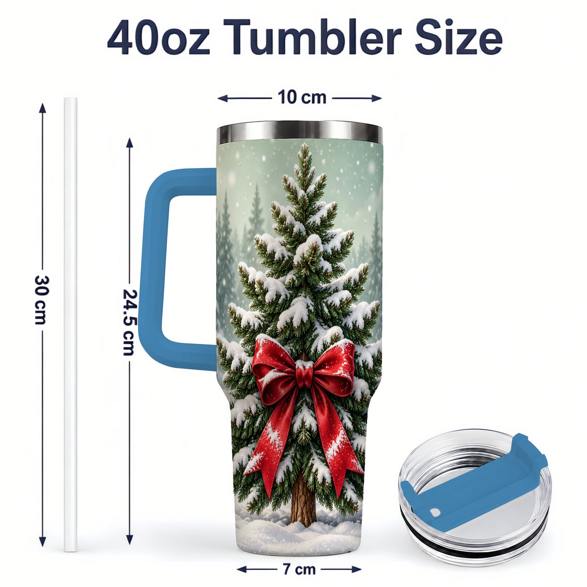 #pl[40oz|Blue] Snowy Christmas Tree 40oz Tumbler, Red Bow Evergreen Forest Art