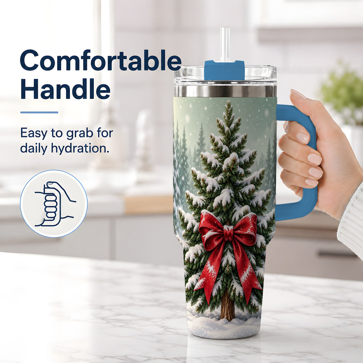 #pl[40oz|Blue] Snowy Christmas Tree 40oz Tumbler, Red Bow Evergreen Forest Art