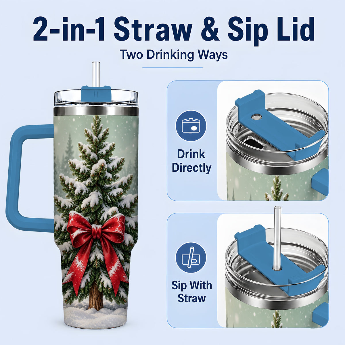 #pl[40oz|Blue] Snowy Christmas Tree 40oz Tumbler, Red Bow Evergreen Forest Art