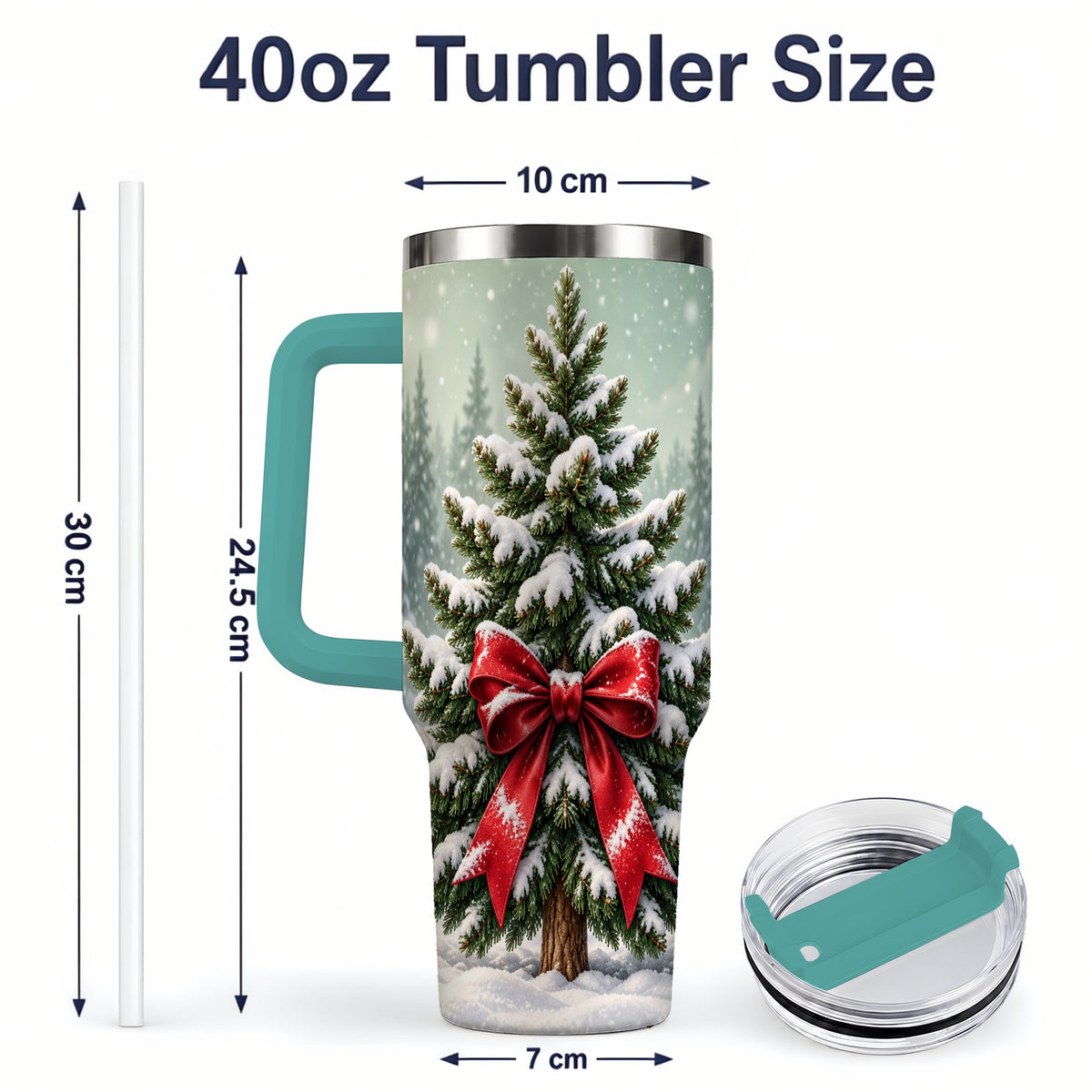 #pl[40oz|Green] Snowy Christmas Tree 40oz Tumbler, Red Bow Evergreen Forest Art