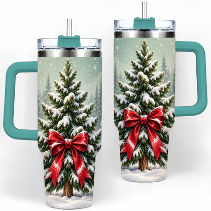 #pl[40oz|Green] Snowy Christmas Tree 40oz Tumbler, Red Bow Evergreen Forest Art