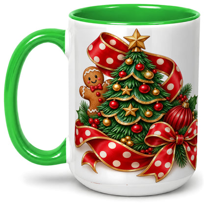 #pl[15oz|Green] Gingerbread Christmas Tree Accent Mug, Ceramic Cup with Holiday Art