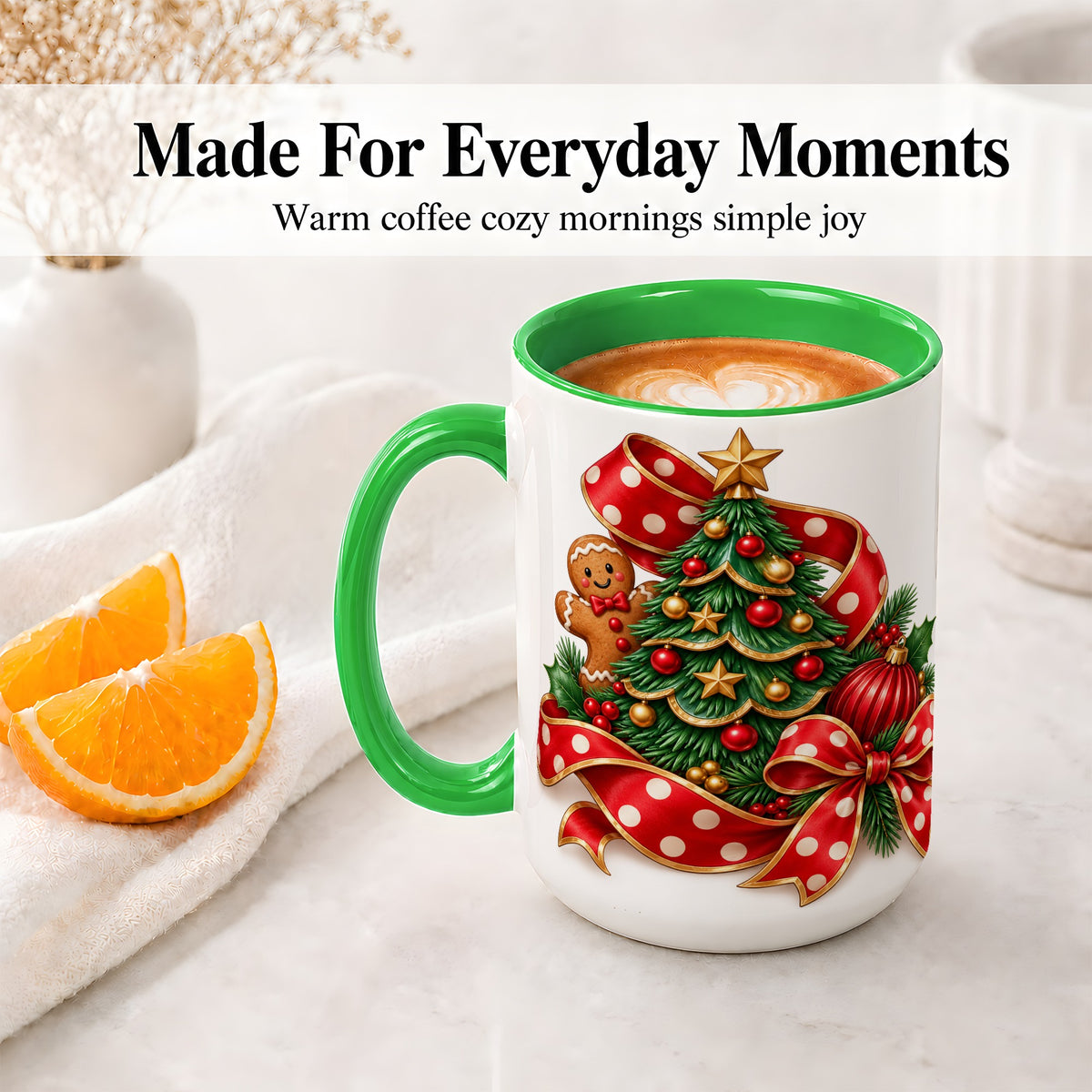 #pl[15oz|Green] Gingerbread Christmas Tree Accent Mug, Ceramic Cup with Holiday Art