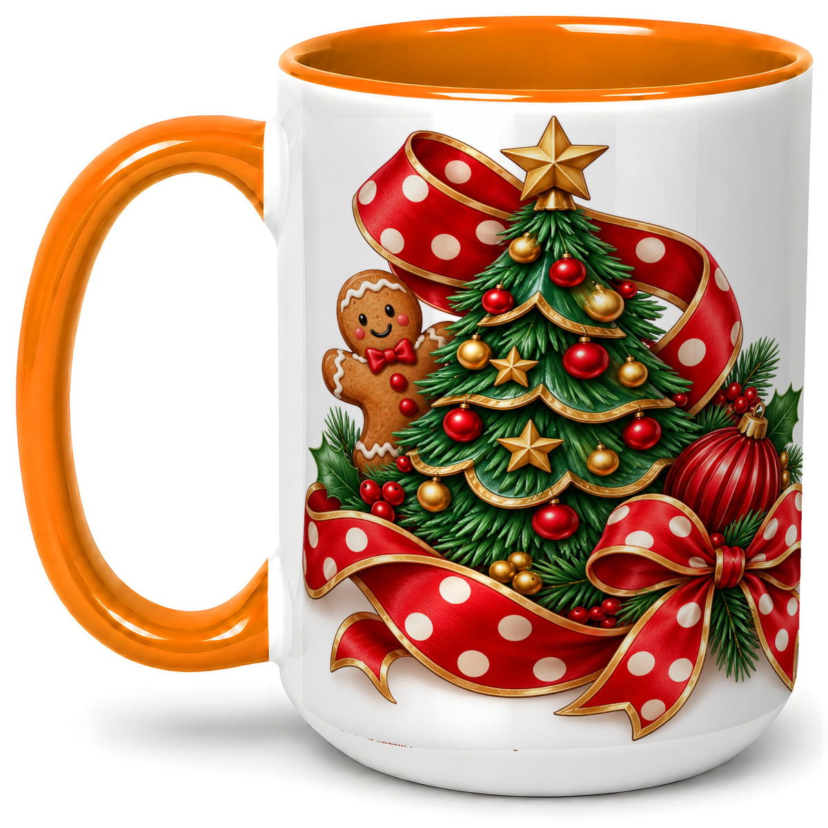 #pl[15oz|Orange] Gingerbread Christmas Tree Accent Mug, Ceramic Cup with Holiday Art