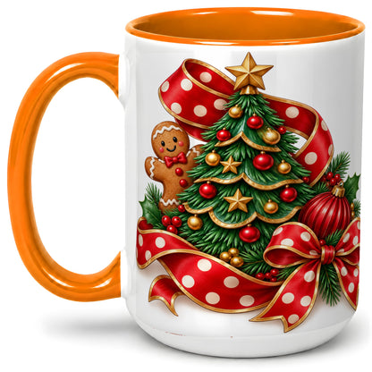 #pl[15oz|Orange] Gingerbread Christmas Tree Accent Mug, Ceramic Cup with Holiday Art