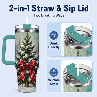 #pl[40oz|Green] Snowy Christmas Tree 40oz Tumbler, Red Bow Evergreen Forest Art