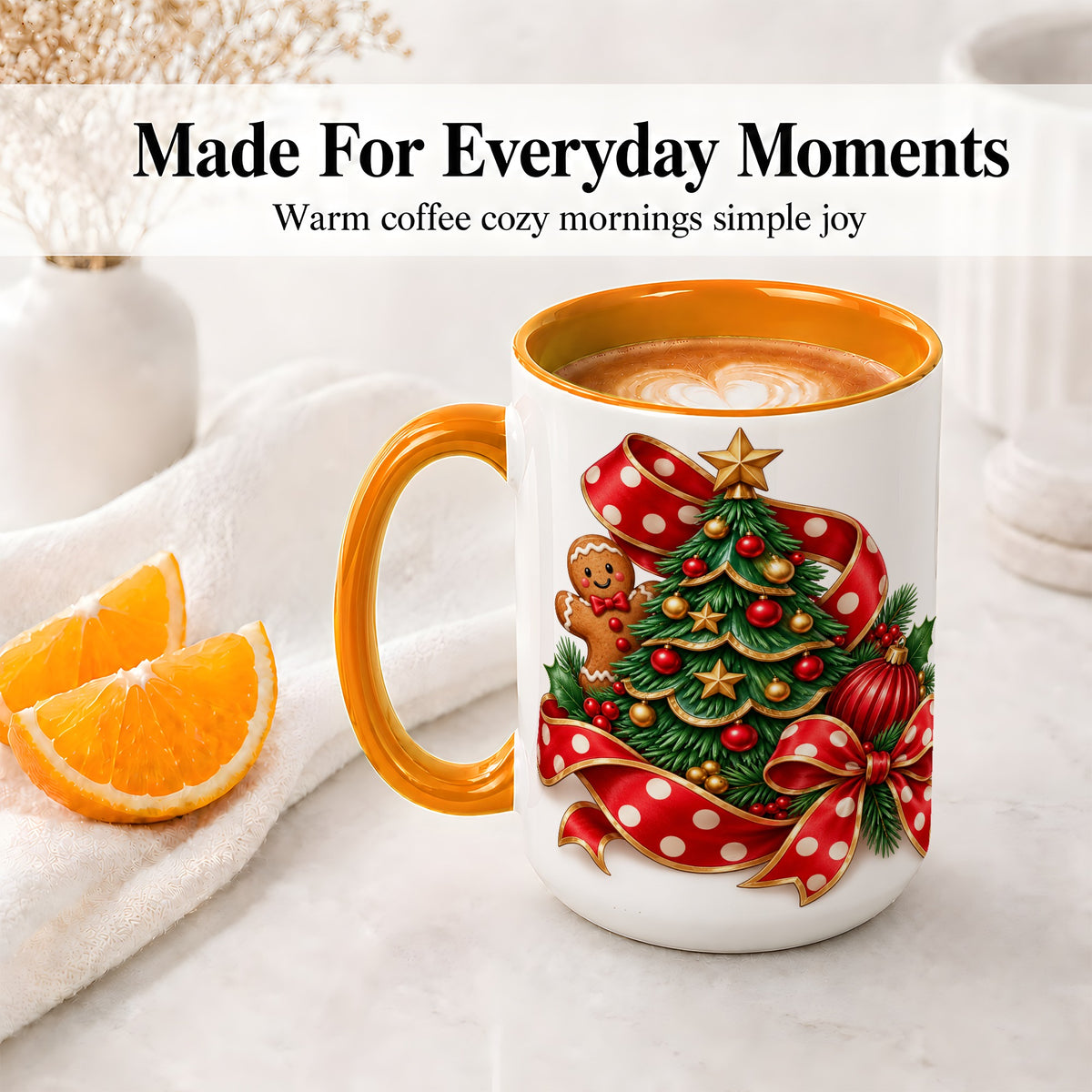 #pl[15oz|Orange] Gingerbread Christmas Tree Accent Mug, Ceramic Cup with Holiday Art