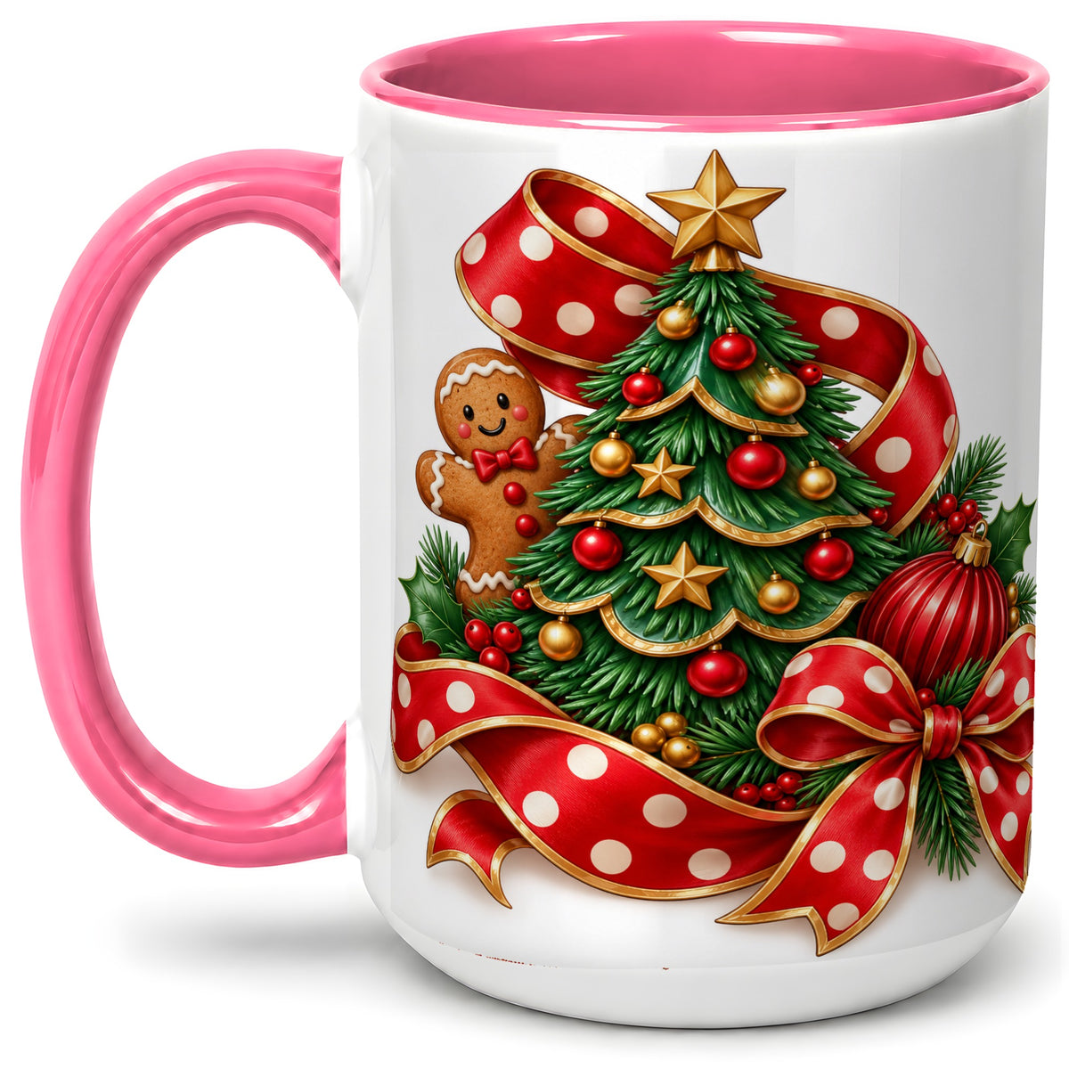 #pl[15oz|Pink] Gingerbread Christmas Tree Accent Mug, Ceramic Cup with Holiday Art