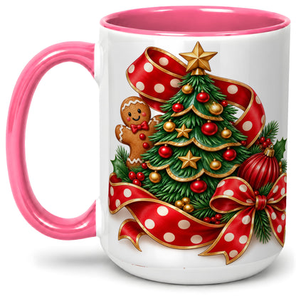 #pl[15oz|Pink] Gingerbread Christmas Tree Accent Mug, Ceramic Cup with Holiday Art