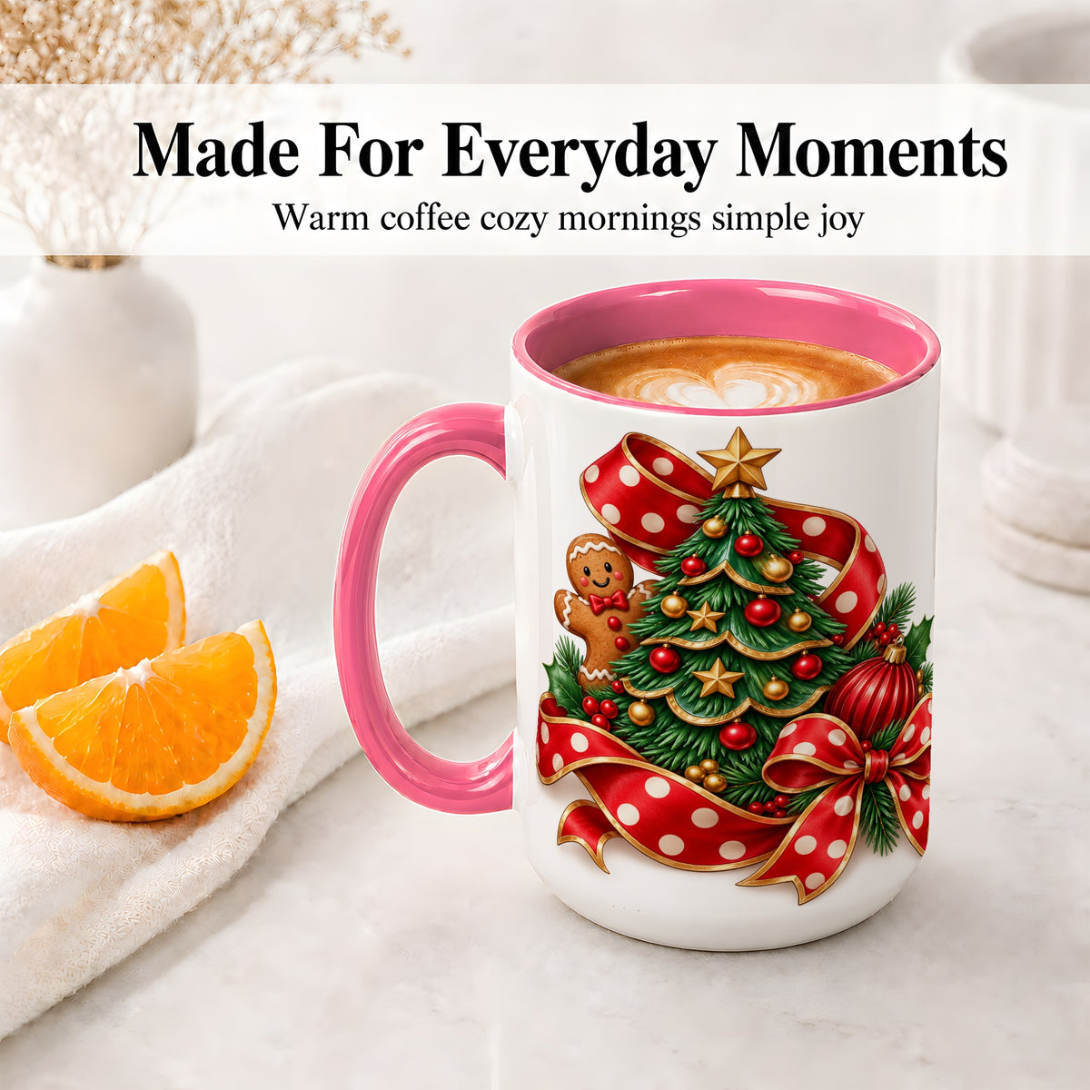 #pl[15oz|Pink] Gingerbread Christmas Tree Accent Mug, Ceramic Cup with Holiday Art