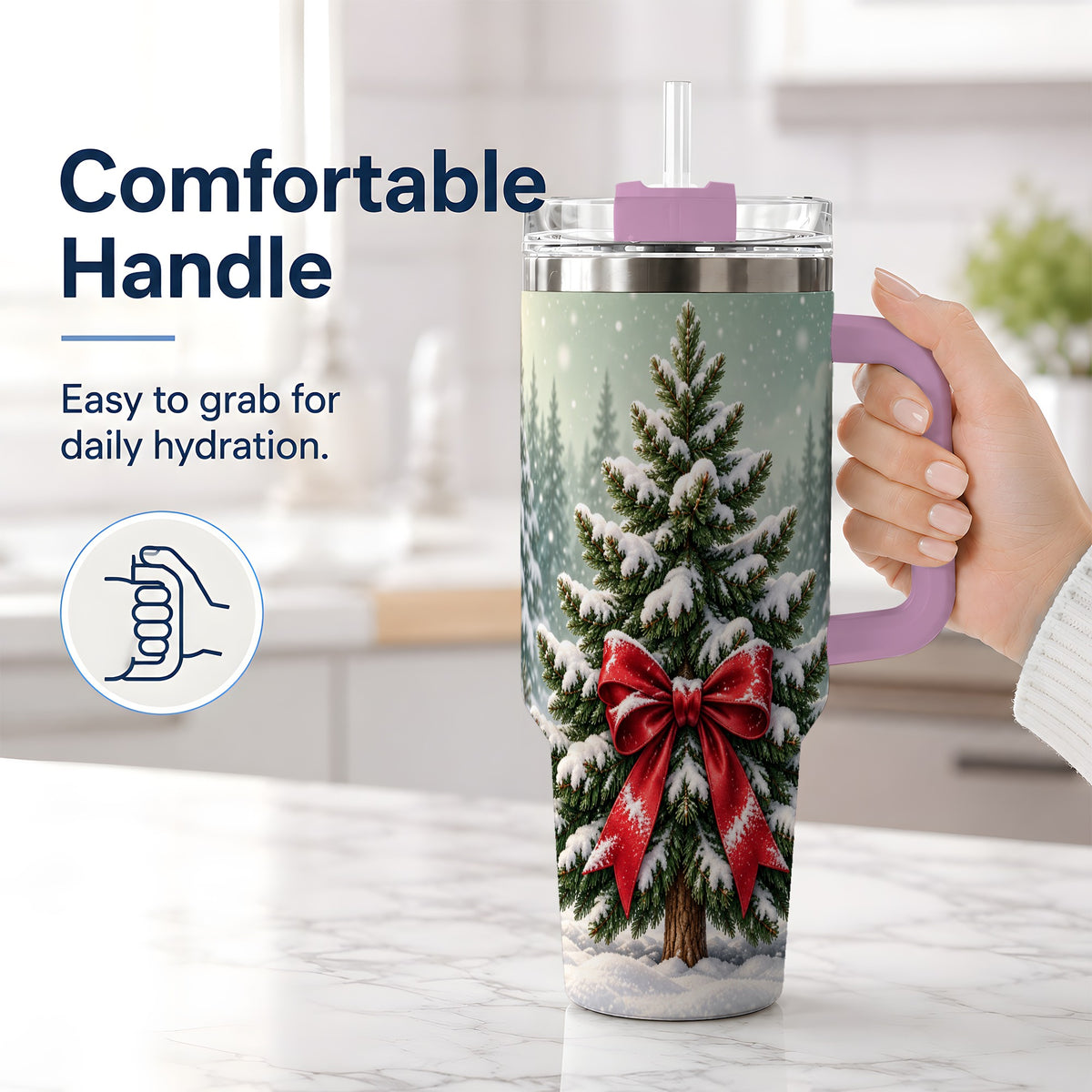 #pl[40oz|Pink] Snowy Christmas Tree 40oz Tumbler, Red Bow Evergreen Forest Art