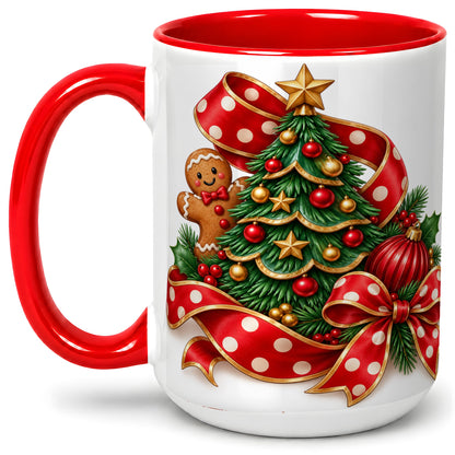 #pl[15oz|Red] Gingerbread Christmas Tree Accent Mug, Ceramic Cup with Holiday Art