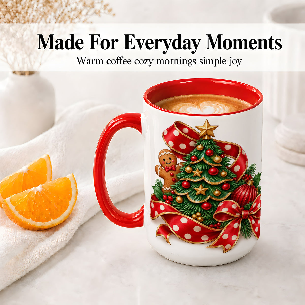 #pl[15oz|Red] Gingerbread Christmas Tree Accent Mug, Ceramic Cup with Holiday Art