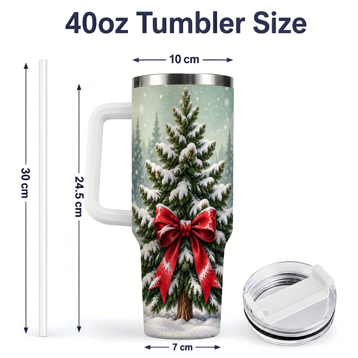 #pl[40oz|White] Snowy Christmas Tree 40oz Tumbler, Red Bow Evergreen Forest Art