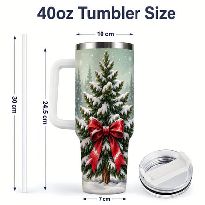 #pl[40oz|White] Snowy Christmas Tree 40oz Tumbler, Red Bow Evergreen Forest Art
