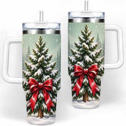 Snowy Christmas Tree 40oz Tumbler, Red Bow Evergreen Forest Art