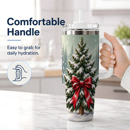 #pl[40oz|White] Snowy Christmas Tree 40oz Tumbler, Red Bow Evergreen Forest Art