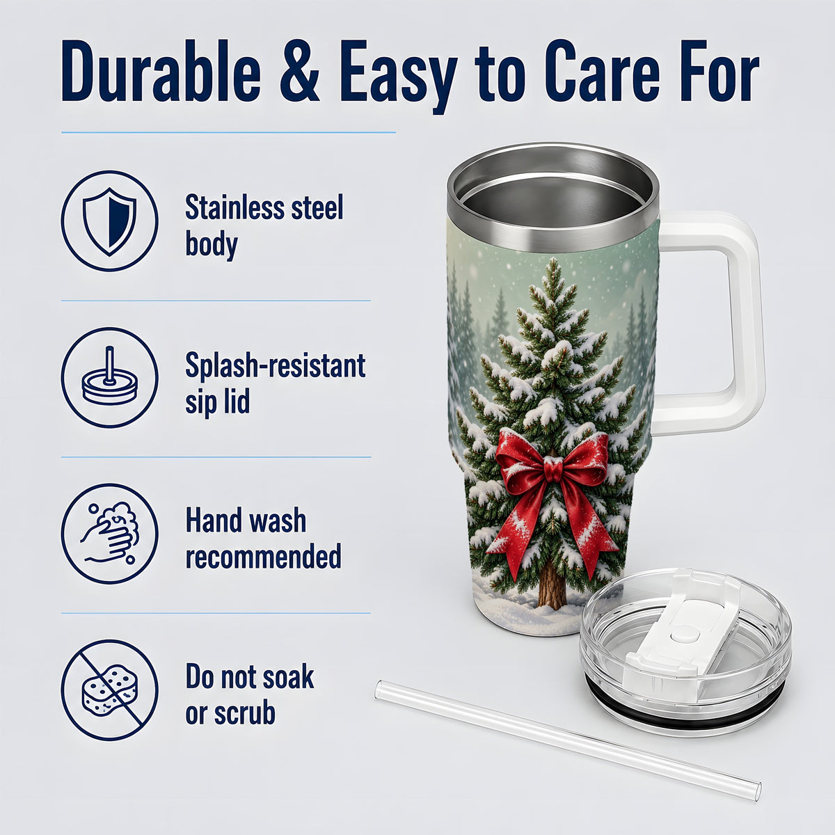 Snowy Christmas Tree 40oz Tumbler, Red Bow Evergreen Forest Art