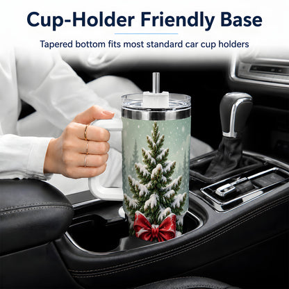 Snowy Christmas Tree 40oz Tumbler, Red Bow Evergreen Forest Art