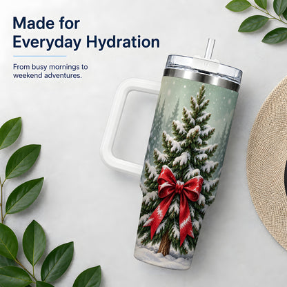 Snowy Christmas Tree 40oz Tumbler, Red Bow Evergreen Forest Art