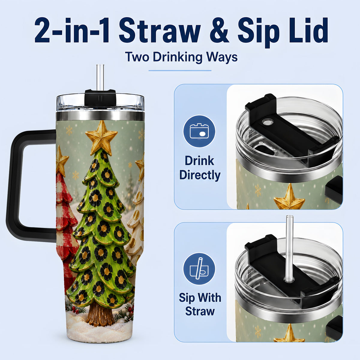 #pl[40oz|Black] Plaid Christmas Trees 40oz Tumbler, Festive Leopard Pattern Design