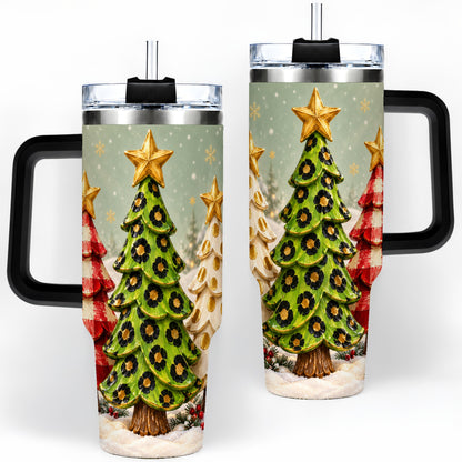 #pl[40oz|Black] Plaid Christmas Trees 40oz Tumbler, Festive Leopard Pattern Design