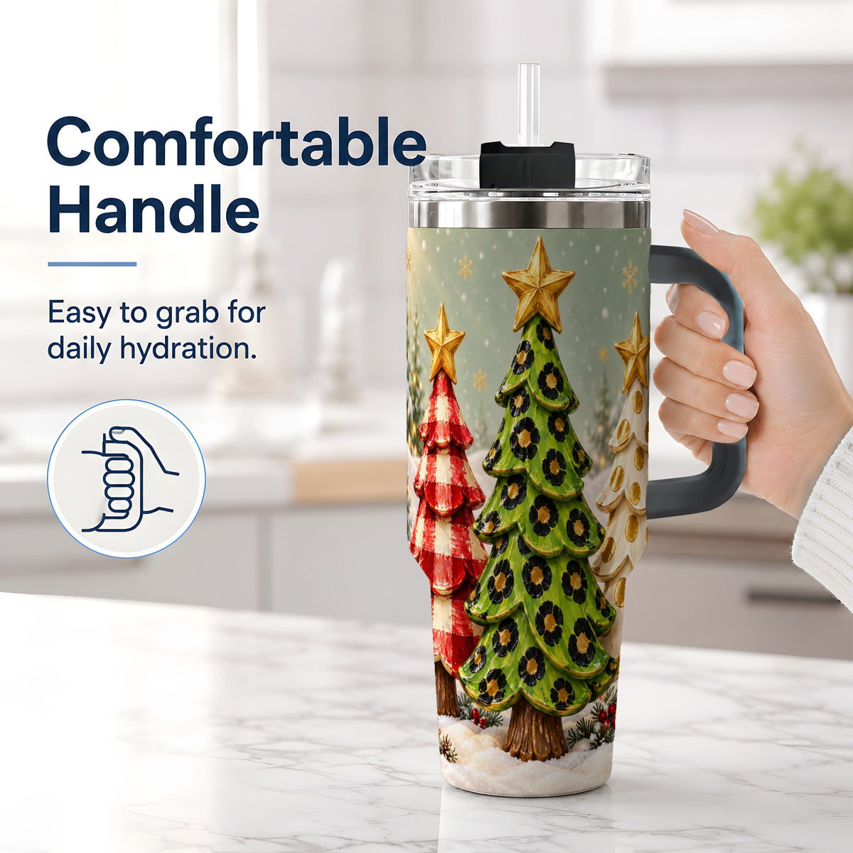 #pl[40oz|Black] Plaid Christmas Trees 40oz Tumbler, Festive Leopard Pattern Design
