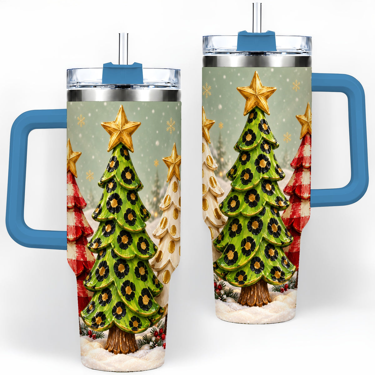#pl[40oz|Blue] Plaid Christmas Trees 40oz Tumbler, Festive Leopard Pattern Design