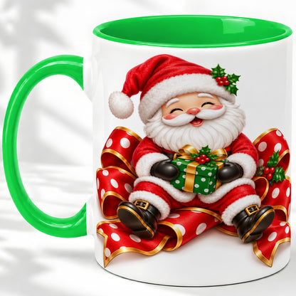 #pl[11oz|Green] Santa Claus Christmas Accent Mug, Ceramic Cup with Festive Artwork