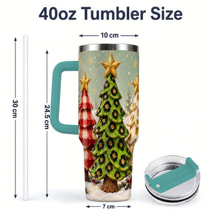 #pl[40oz|Green] Plaid Christmas Trees 40oz Tumbler, Festive Leopard Pattern Design