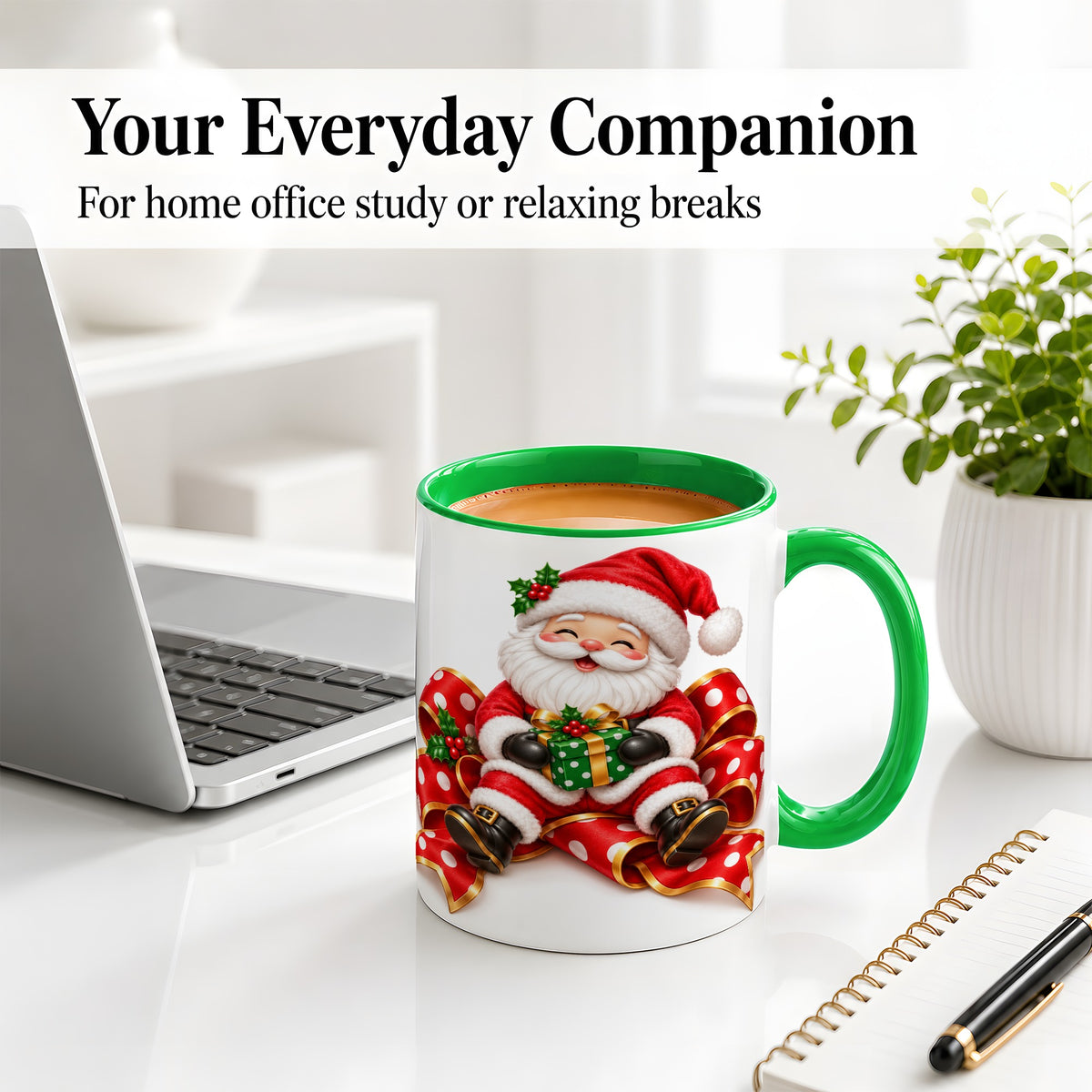 #pl[11oz|Green] Santa Claus Christmas Accent Mug, Ceramic Cup with Festive Artwork