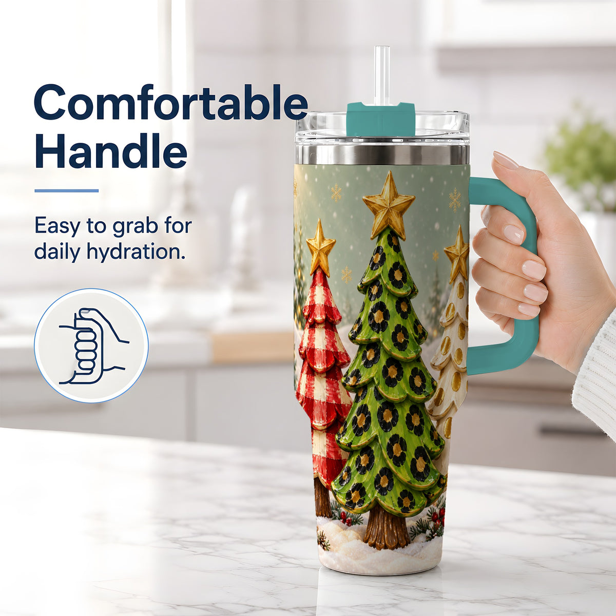 #pl[40oz|Green] Plaid Christmas Trees 40oz Tumbler, Festive Leopard Pattern Design